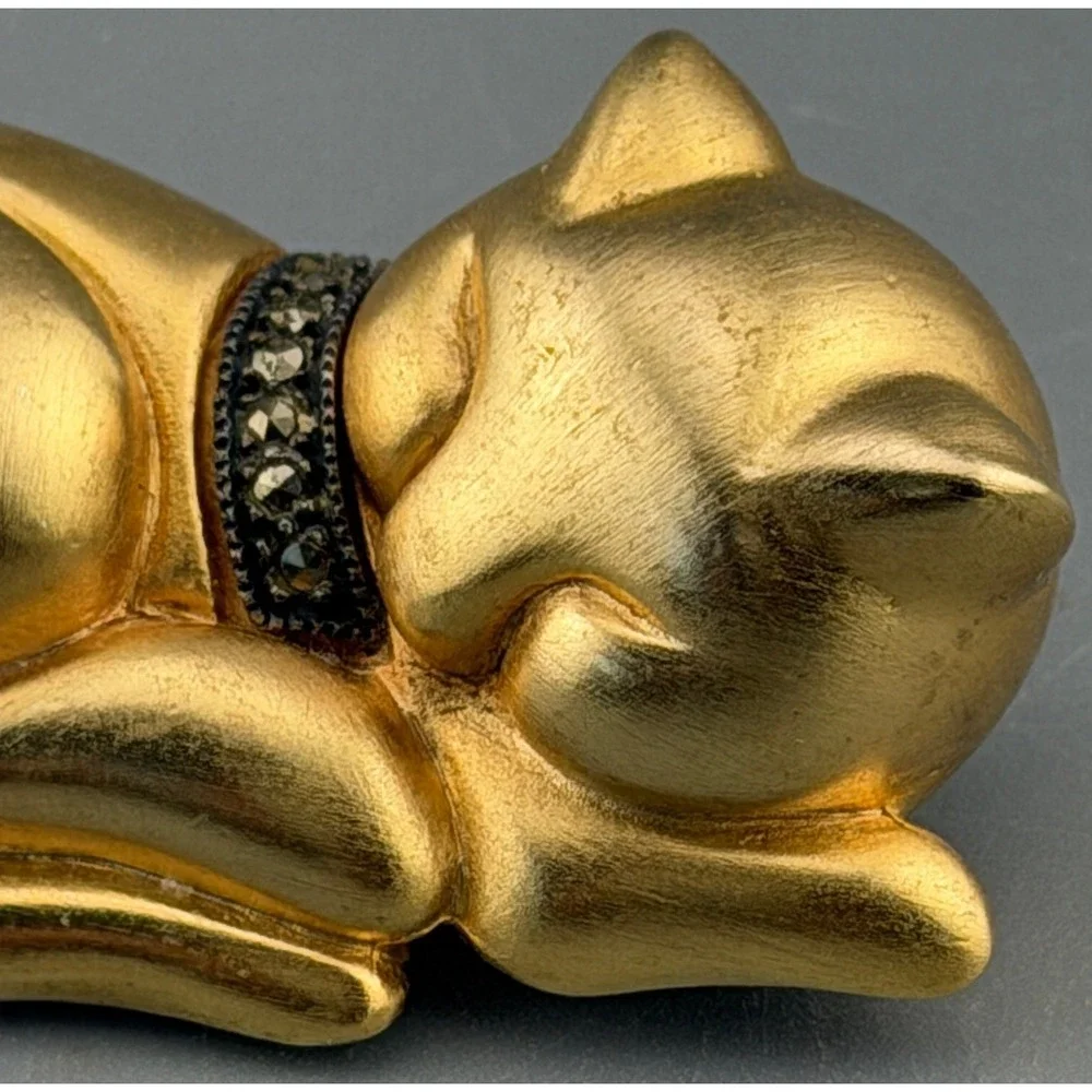 Vintage Judith Jack Cat Brooch Sleeping Mixed Metal Sterling Marcasite Collar 2